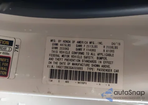 2016 Honda Accord Ex-L V-6 z USA, uszkodzony, nr VIN 1HGCT2B83GA005895